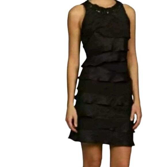 S L FASHIONS WOMEN'S SHIMMER AND CHIFFON SLEEVELESS  TIERED DRESS SIZE 12  BLACK - Picture 1 of 8